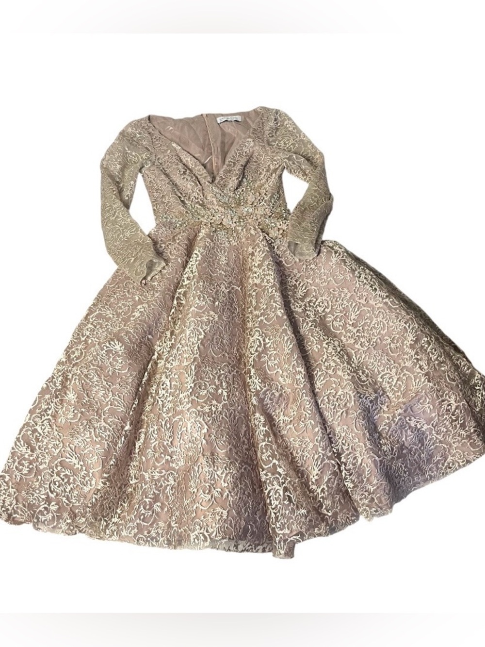 MAC DUGGAL Long Sleeve Tea Length Dress Lace Embroidered Beads Flowers Size 6 - Picture 5 of 13